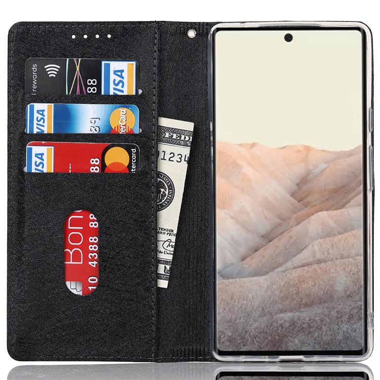 For Google Pixel 6 Pro Mobile Phone Shell Bag Anti-scratch Phone Case Anti-fall Shockproof Silk Texture Leather Wallet Cover with Strap - Black