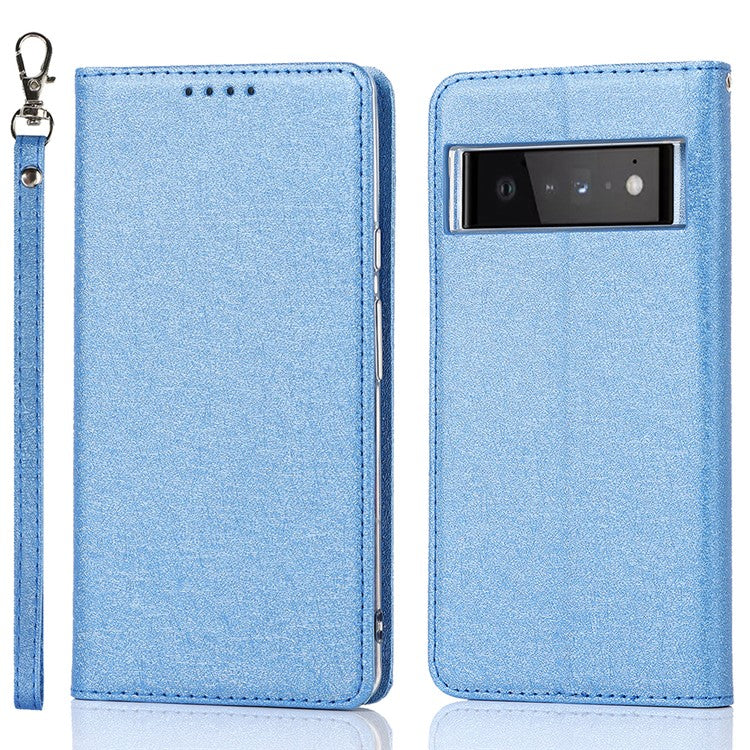 For Google Pixel 6 Pro Mobile Phone Shell Bag Anti-scratch Phone Case Anti-fall Shockproof Silk Texture Leather Wallet Cover with Strap - Blue