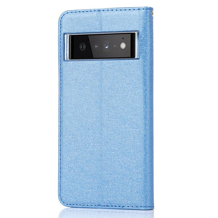 For Google Pixel 6 Pro Mobile Phone Shell Bag Anti-scratch Phone Case Anti-fall Shockproof Silk Texture Leather Wallet Cover with Strap - Blue