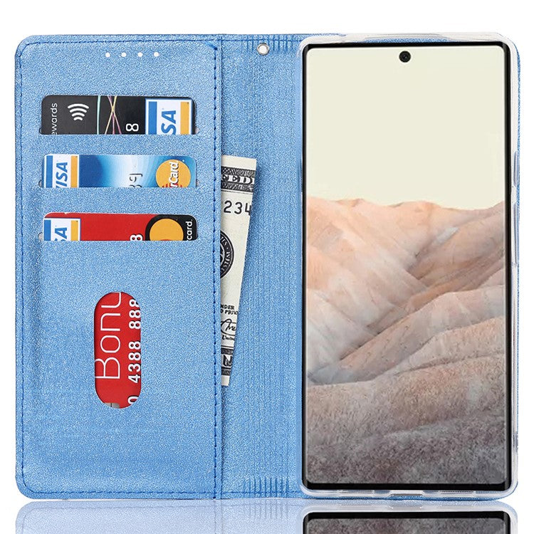 For Google Pixel 6 Pro Mobile Phone Shell Bag Anti-scratch Phone Case Anti-fall Shockproof Silk Texture Leather Wallet Cover with Strap - Blue