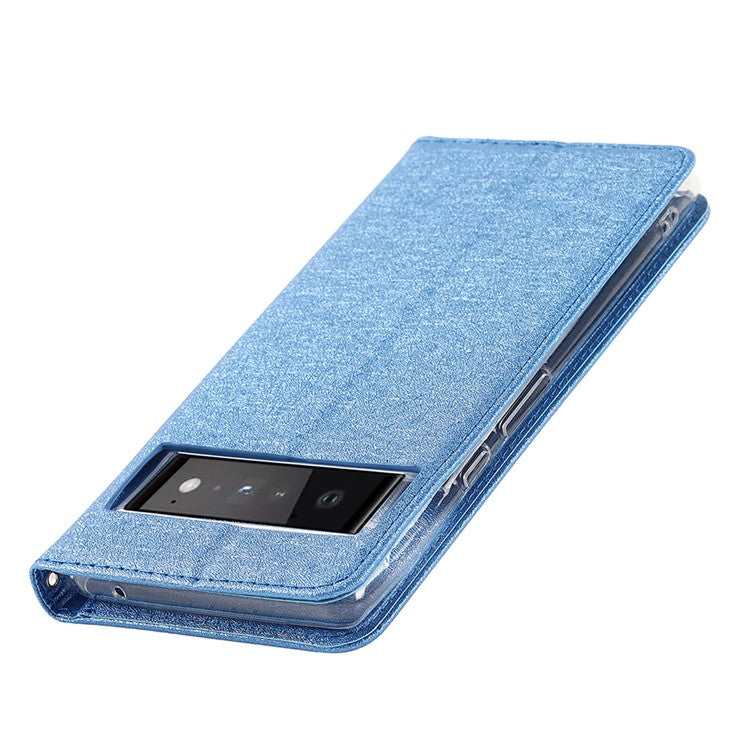 For Google Pixel 6 Pro Mobile Phone Shell Bag Anti-scratch Phone Case Anti-fall Shockproof Silk Texture Leather Wallet Cover with Strap - Blue