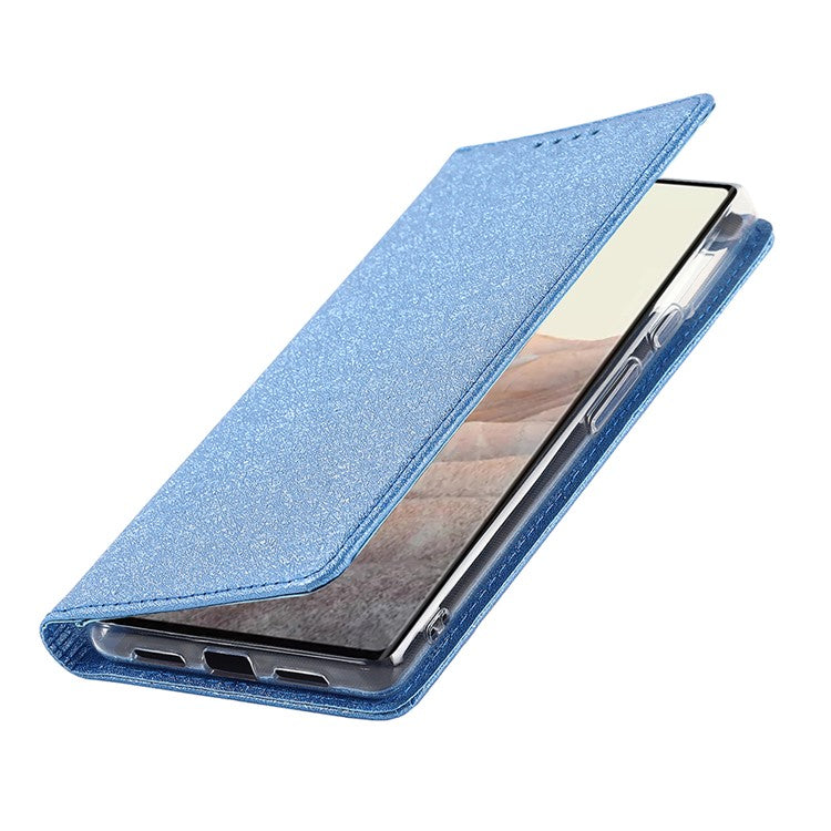 For Google Pixel 6 Pro Mobile Phone Shell Bag Anti-scratch Phone Case Anti-fall Shockproof Silk Texture Leather Wallet Cover with Strap - Blue