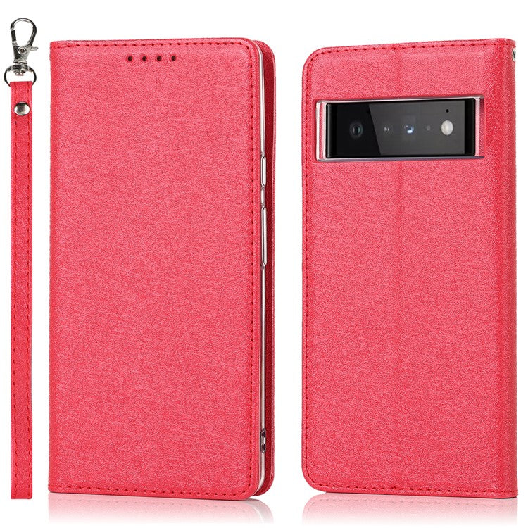 For Google Pixel 6 Pro Mobile Phone Shell Bag Anti-scratch Phone Case Anti-fall Shockproof Silk Texture Leather Wallet Cover with Strap - Red