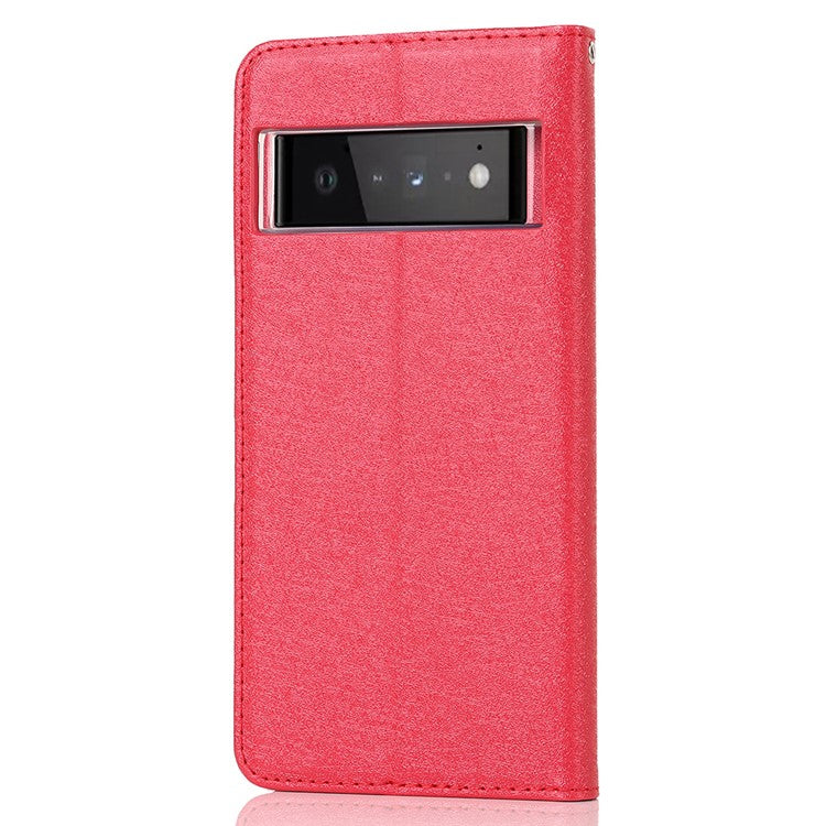 For Google Pixel 6 Pro Mobile Phone Shell Bag Anti-scratch Phone Case Anti-fall Shockproof Silk Texture Leather Wallet Cover with Strap - Red