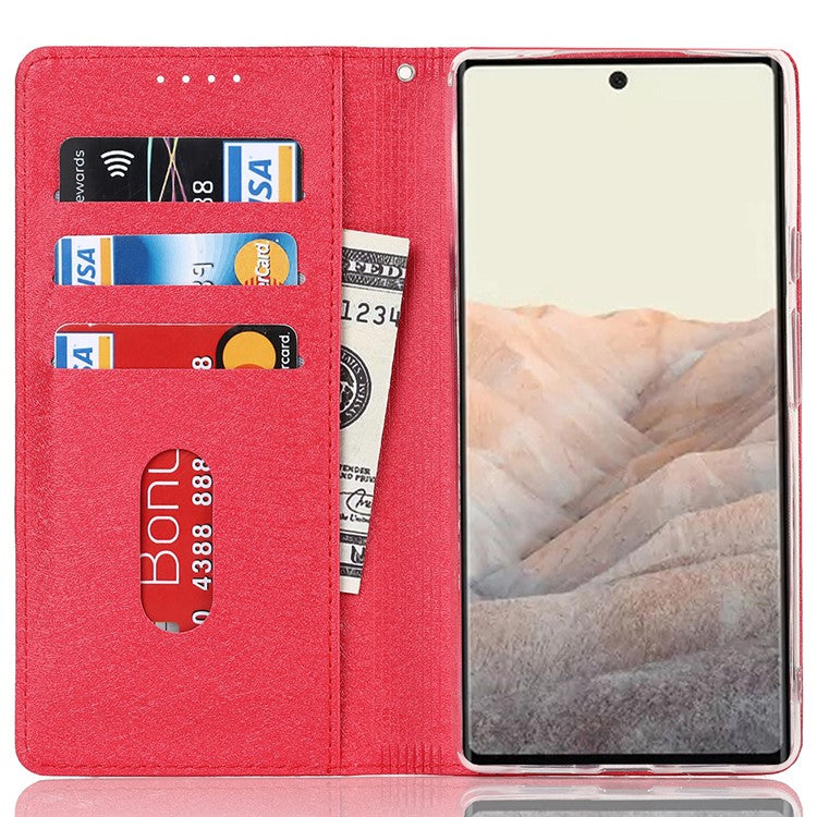 For Google Pixel 6 Pro Mobile Phone Shell Bag Anti-scratch Phone Case Anti-fall Shockproof Silk Texture Leather Wallet Cover with Strap - Red