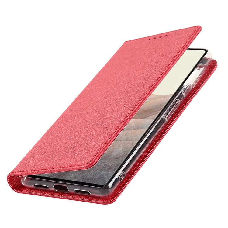 For Google Pixel 6 Pro Mobile Phone Shell Bag Anti-scratch Phone Case Anti-fall Shockproof Silk Texture Leather Wallet Cover with Strap - Red