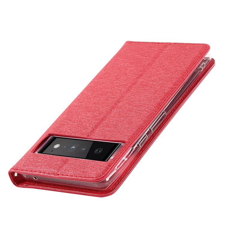 For Google Pixel 6 Pro Mobile Phone Shell Bag Anti-scratch Phone Case Anti-fall Shockproof Silk Texture Leather Wallet Cover with Strap - Red