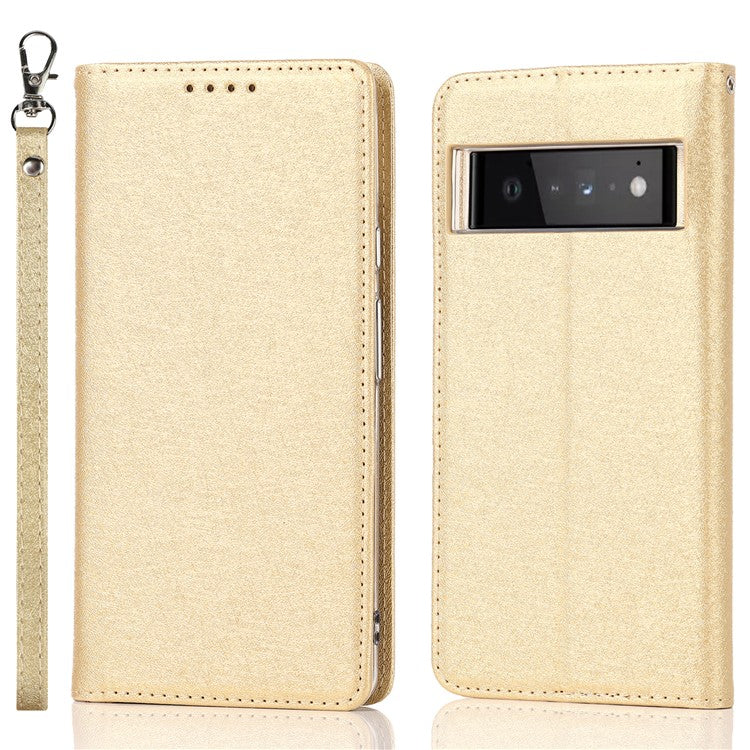 For Google Pixel 6 Pro Mobile Phone Shell Bag Anti-scratch Phone Case Anti-fall Shockproof Silk Texture Leather Wallet Cover with Strap - Gold