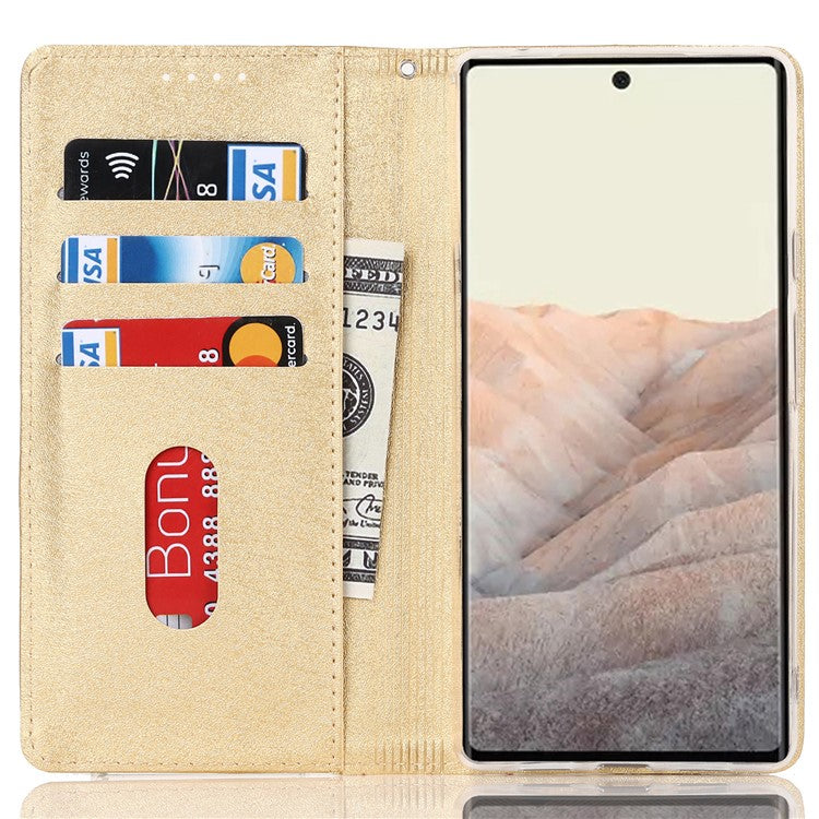 For Google Pixel 6 Pro Mobile Phone Shell Bag Anti-scratch Phone Case Anti-fall Shockproof Silk Texture Leather Wallet Cover with Strap - Gold