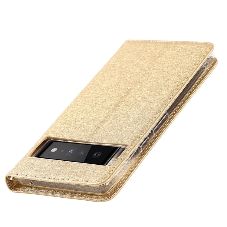 For Google Pixel 6 Pro Mobile Phone Shell Bag Anti-scratch Phone Case Anti-fall Shockproof Silk Texture Leather Wallet Cover with Strap - Gold