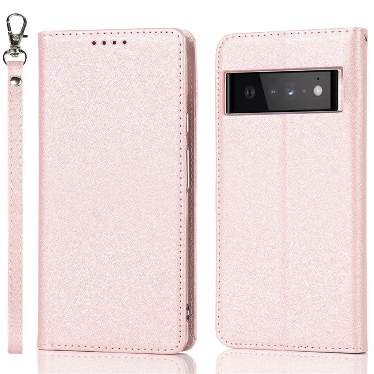 For Google Pixel 6 Pro Mobile Phone Shell Bag Anti-scratch Phone Case Anti-fall Shockproof Silk Texture Leather Wallet Cover with Strap - Rose Gold