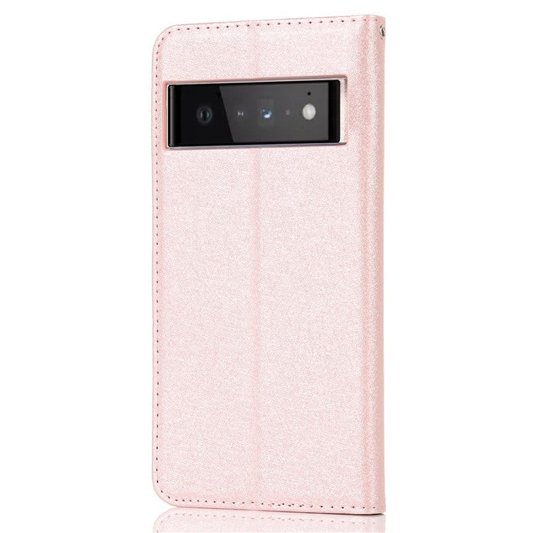 For Google Pixel 6 Pro Mobile Phone Shell Bag Anti-scratch Phone Case Anti-fall Shockproof Silk Texture Leather Wallet Cover with Strap - Rose Gold