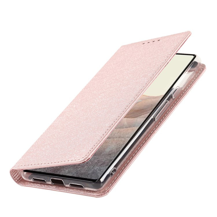 For Google Pixel 6 Pro Mobile Phone Shell Bag Anti-scratch Phone Case Anti-fall Shockproof Silk Texture Leather Wallet Cover with Strap - Rose Gold