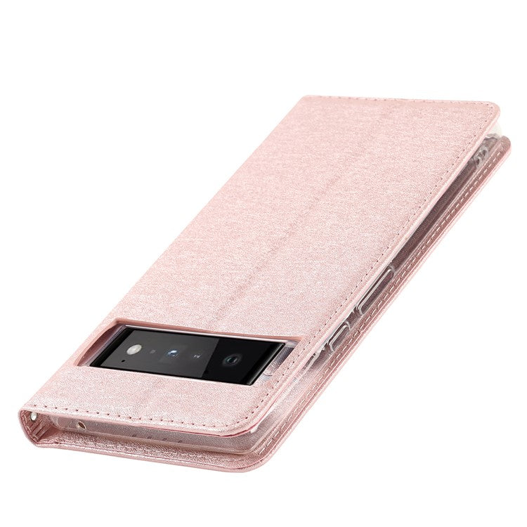 For Google Pixel 6 Pro Mobile Phone Shell Bag Anti-scratch Phone Case Anti-fall Shockproof Silk Texture Leather Wallet Cover with Strap - Rose Gold