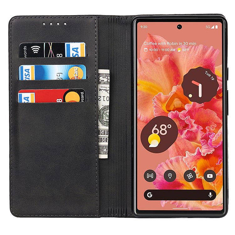 For Google Pixel 6 Wallet Stand Function Drop-proof Auto-absorbed TPU+PU Leather Phone Cover Case - Black