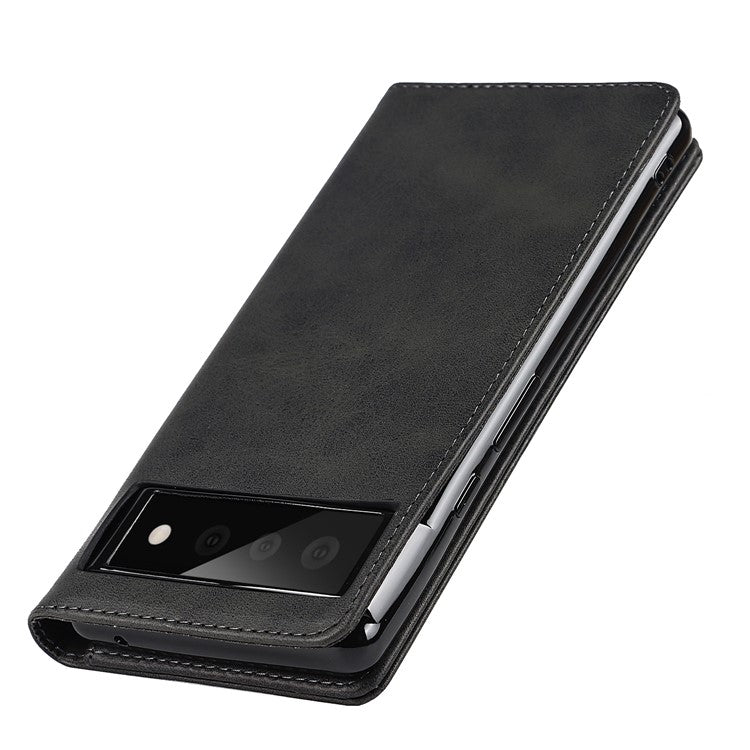 For Google Pixel 6 Wallet Stand Function Drop-proof Auto-absorbed TPU+PU Leather Phone Cover Case - Black