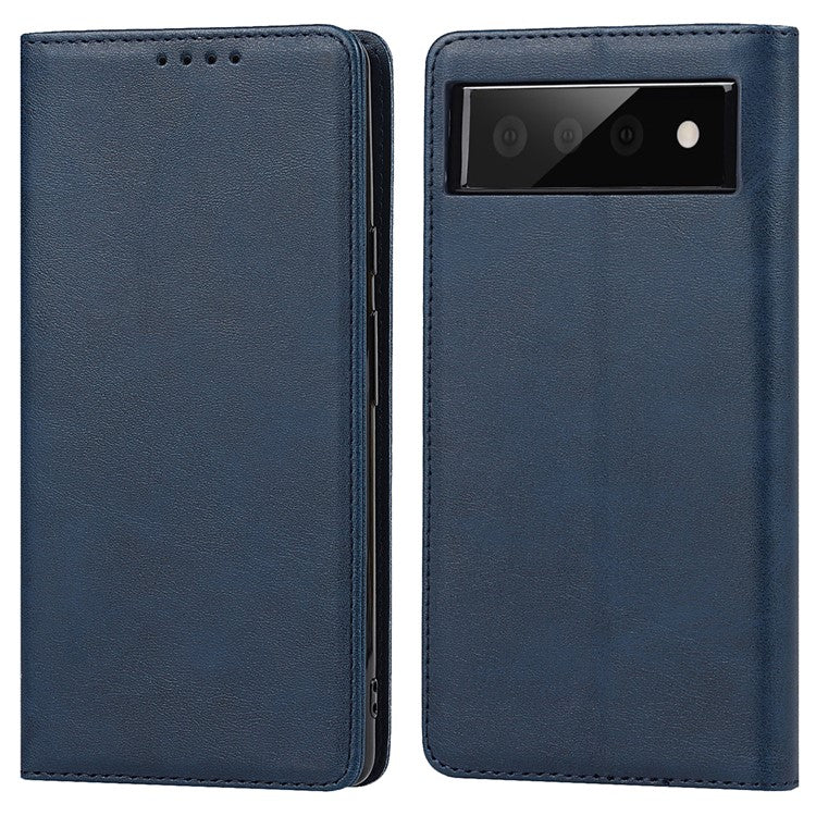 For Google Pixel 6 Wallet Stand Function Drop-proof Auto-absorbed TPU+PU Leather Phone Cover Case - Dark Blue