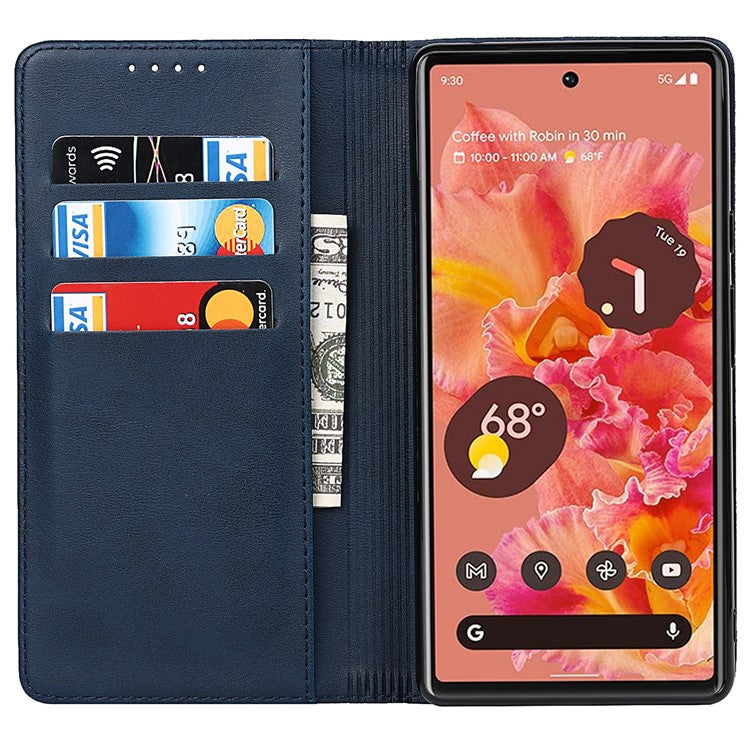 For Google Pixel 6 Wallet Stand Function Drop-proof Auto-absorbed TPU+PU Leather Phone Cover Case - Dark Blue