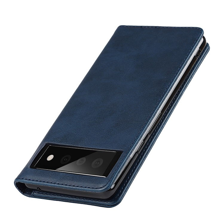 For Google Pixel 6 Wallet Stand Function Drop-proof Auto-absorbed TPU+PU Leather Phone Cover Case - Dark Blue