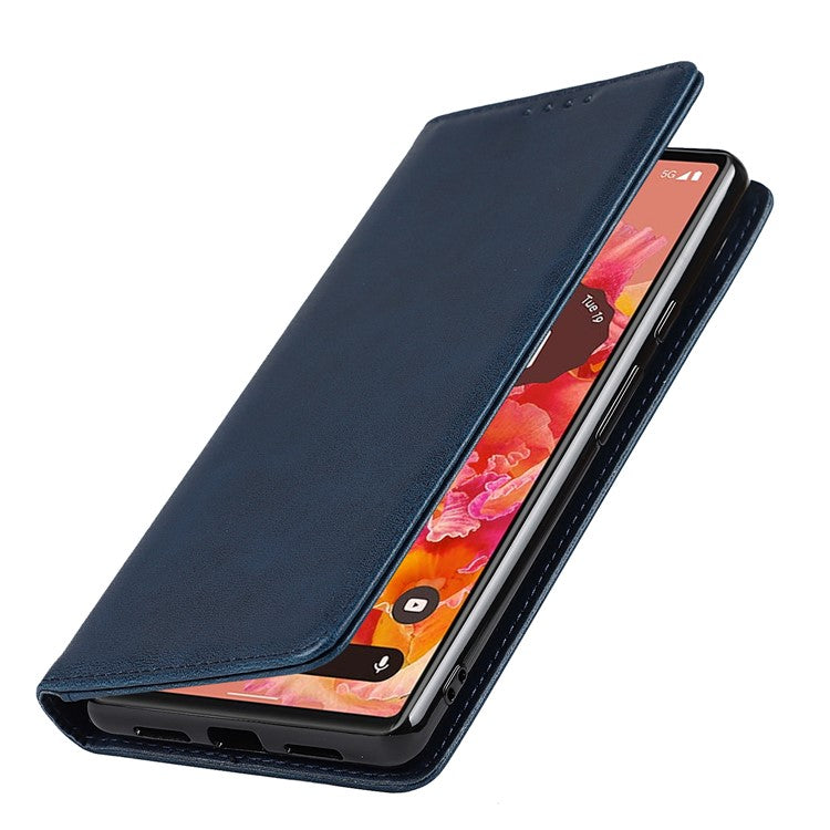 For Google Pixel 6 Wallet Stand Function Drop-proof Auto-absorbed TPU+PU Leather Phone Cover Case - Dark Blue