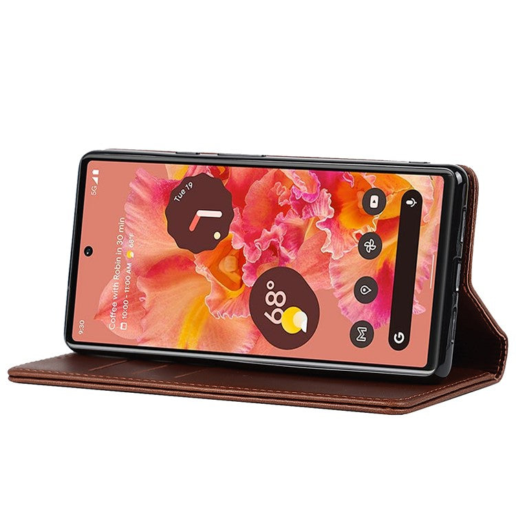 For Google Pixel 6 Wallet Stand Function Drop-proof Auto-absorbed TPU+PU Leather Phone Cover Case - Dark Brown