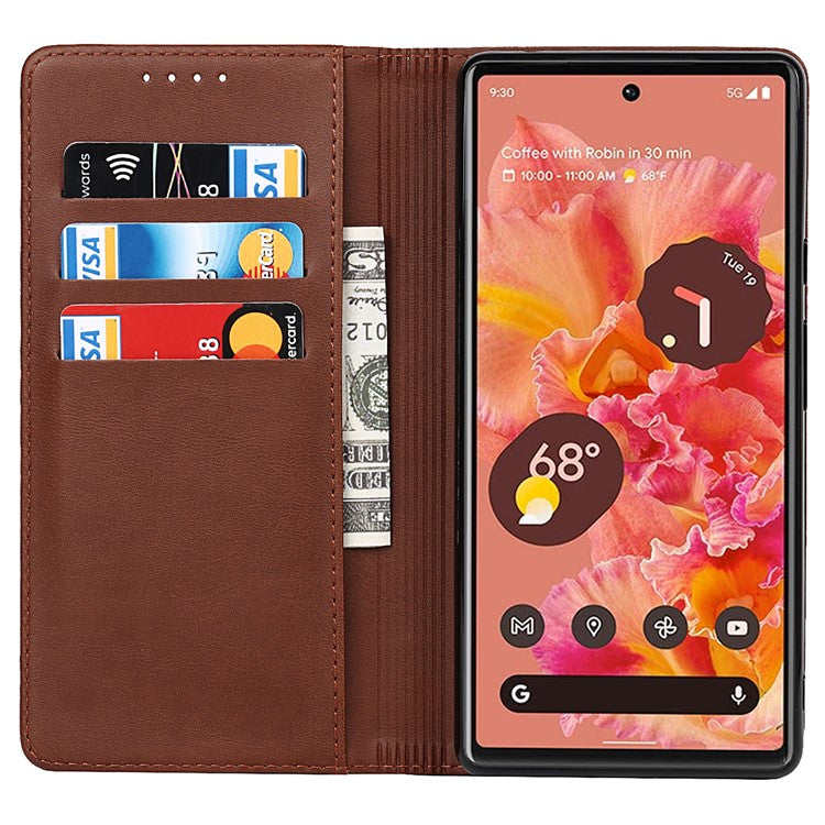 For Google Pixel 6 Wallet Stand Function Drop-proof Auto-absorbed TPU+PU Leather Phone Cover Case - Dark Brown