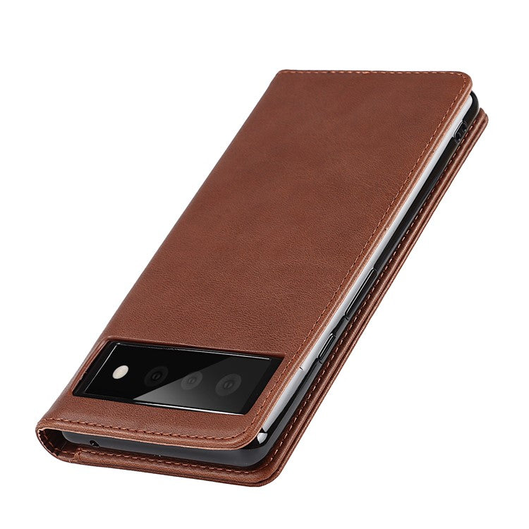 For Google Pixel 6 Wallet Stand Function Drop-proof Auto-absorbed TPU+PU Leather Phone Cover Case - Dark Brown