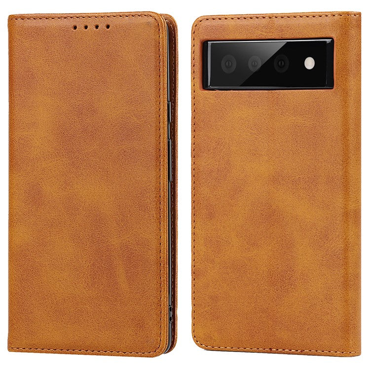 For Google Pixel 6 Wallet Stand Function Drop-proof Auto-absorbed TPU+PU Leather Phone Cover Case - Light Brown