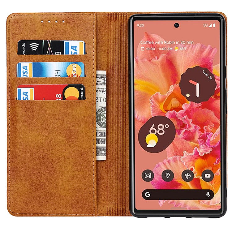 For Google Pixel 6 Wallet Stand Function Drop-proof Auto-absorbed TPU+PU Leather Phone Cover Case - Light Brown