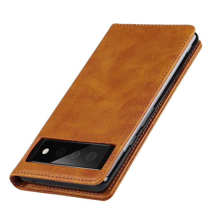 For Google Pixel 6 Wallet Stand Function Drop-proof Auto-absorbed TPU+PU Leather Phone Cover Case - Light Brown