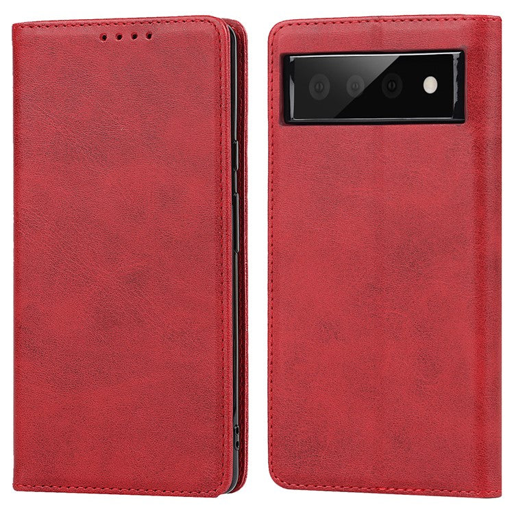 For Google Pixel 6 Wallet Stand Function Drop-proof Auto-absorbed TPU+PU Leather Phone Cover Case - Red