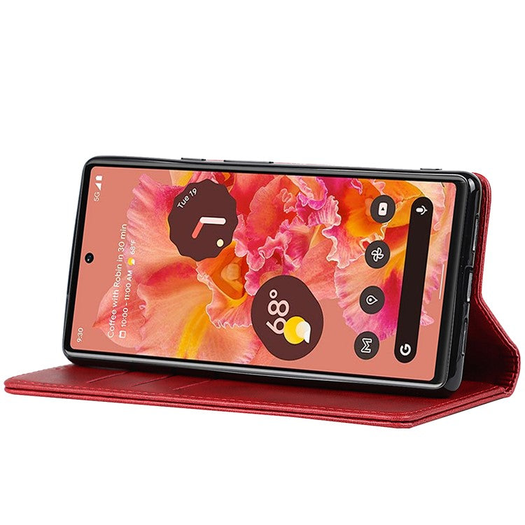 For Google Pixel 6 Wallet Stand Function Drop-proof Auto-absorbed TPU+PU Leather Phone Cover Case - Red