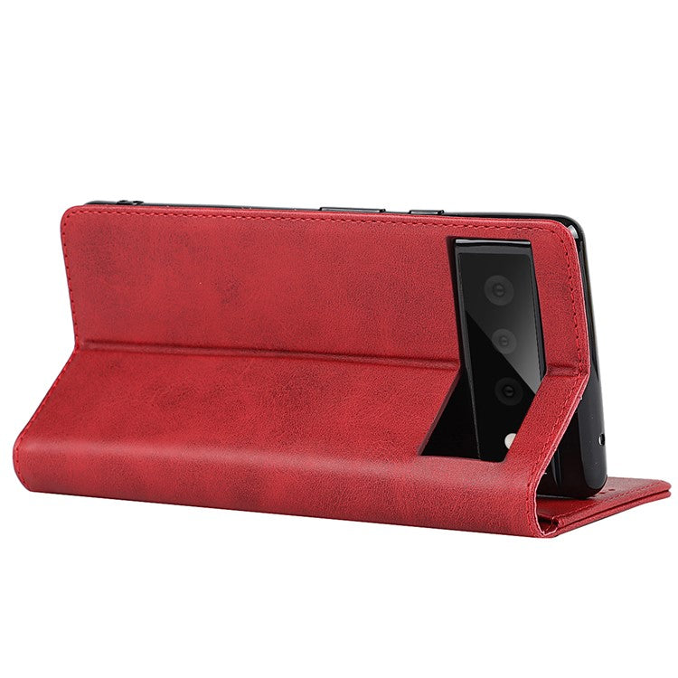 For Google Pixel 6 Wallet Stand Function Drop-proof Auto-absorbed TPU+PU Leather Phone Cover Case - Red