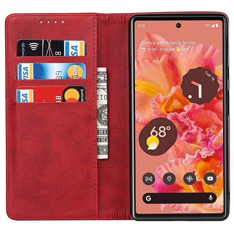 For Google Pixel 6 Wallet Stand Function Drop-proof Auto-absorbed TPU+PU Leather Phone Cover Case - Red