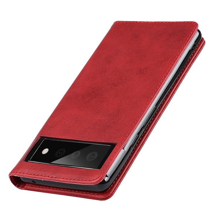 For Google Pixel 6 Wallet Stand Function Drop-proof Auto-absorbed TPU+PU Leather Phone Cover Case - Red