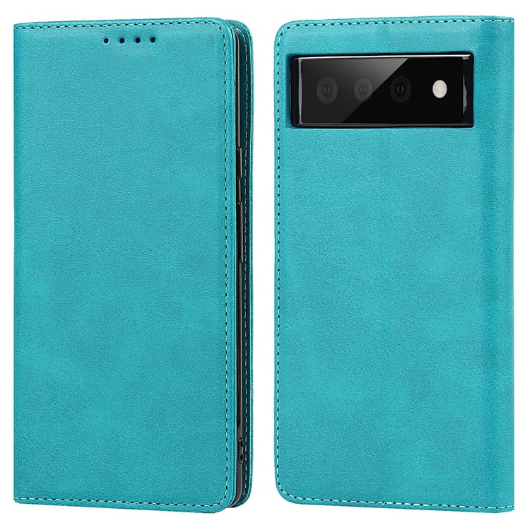 For Google Pixel 6 Wallet Stand Function Drop-proof Auto-absorbed TPU+PU Leather Phone Cover Case - Sky Blue