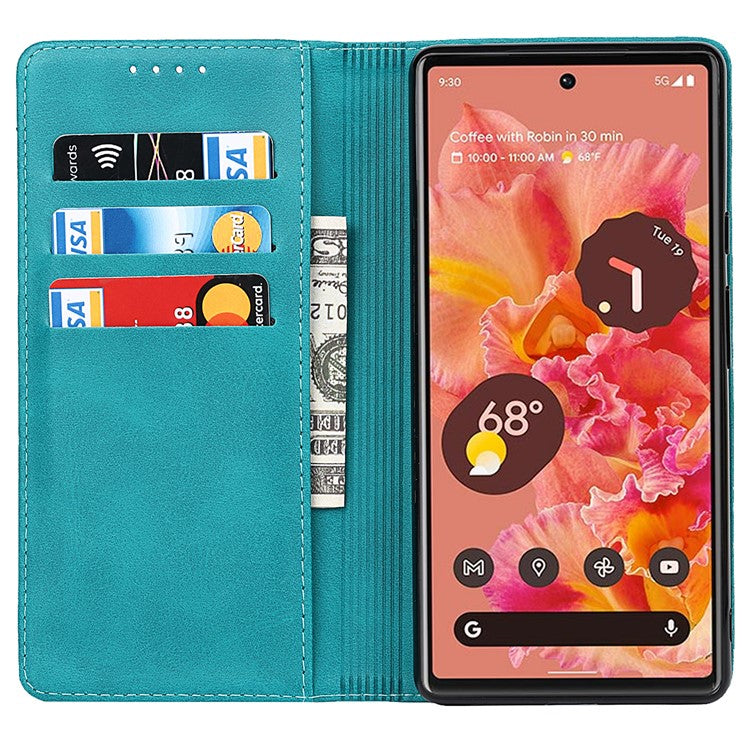 For Google Pixel 6 Wallet Stand Function Drop-proof Auto-absorbed TPU+PU Leather Phone Cover Case - Sky Blue