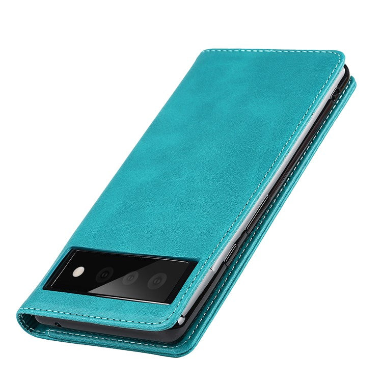 For Google Pixel 6 Wallet Stand Function Drop-proof Auto-absorbed TPU+PU Leather Phone Cover Case - Sky Blue