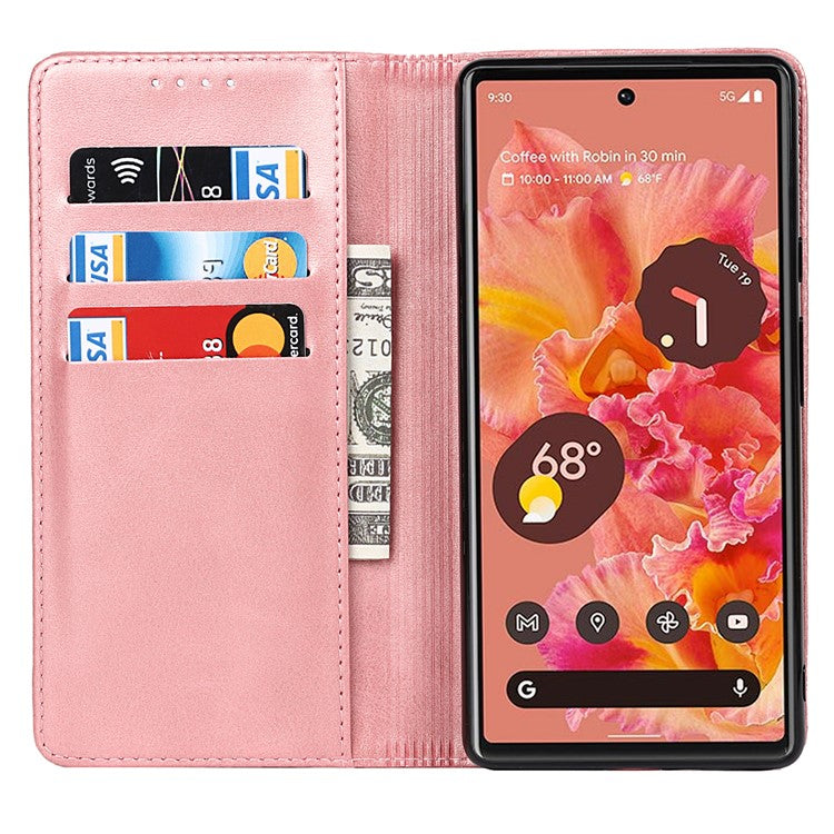 For Google Pixel 6 Wallet Stand Function Drop-proof Auto-absorbed TPU+PU Leather Phone Cover Case - Rose Gold