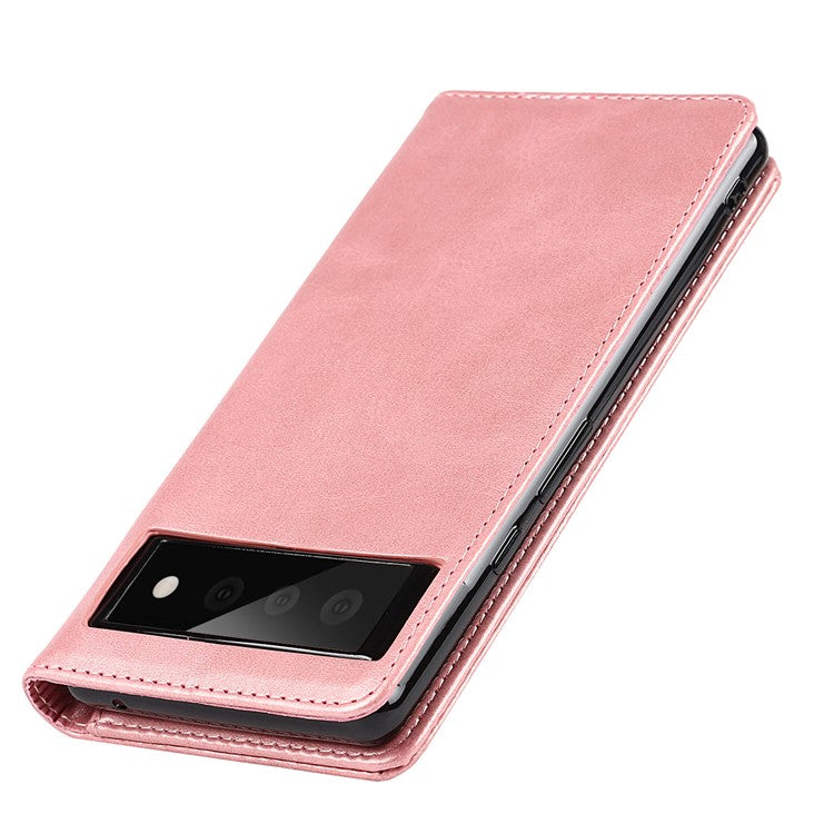 For Google Pixel 6 Wallet Stand Function Drop-proof Auto-absorbed TPU+PU Leather Phone Cover Case - Rose Gold