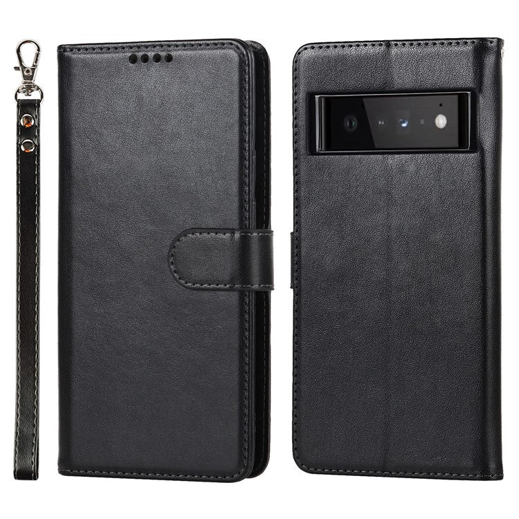 R61 Texture Felled Seam PU Leather Cover Wallet Phone Case Shell with Foldable Stand for Google Pixel 6 Pro - Black