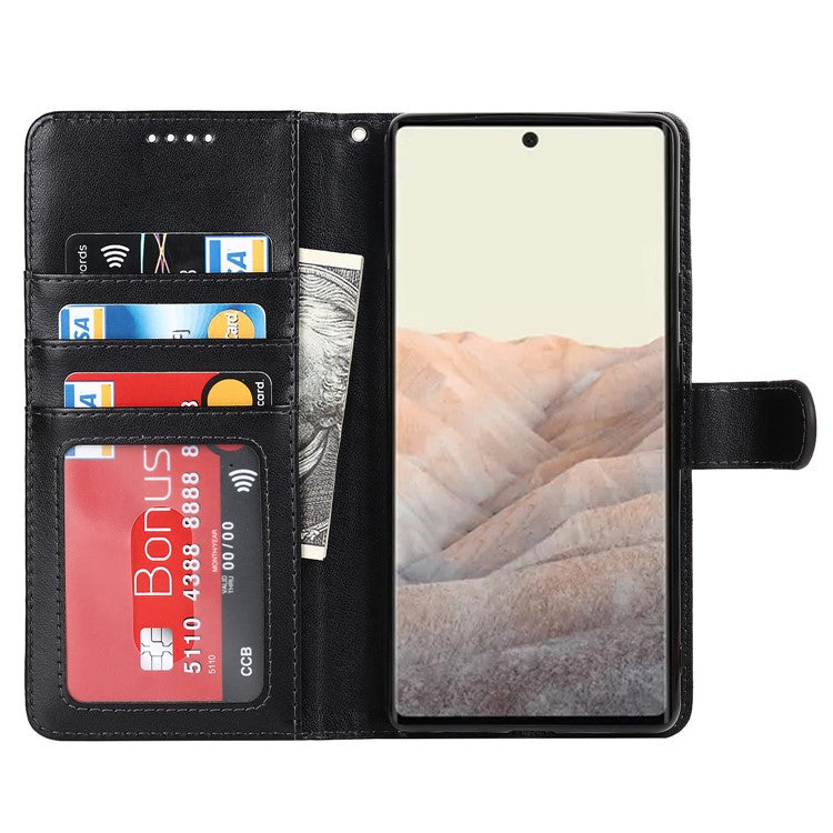 R61 Texture Felled Seam PU Leather Cover Wallet Phone Case Shell with Foldable Stand for Google Pixel 6 Pro - Black