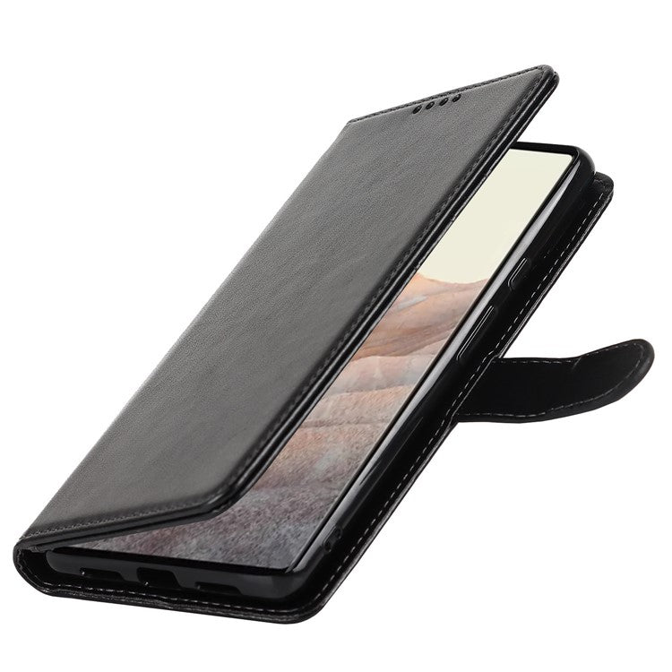 R61 Texture Felled Seam PU Leather Cover Wallet Phone Case Shell with Foldable Stand for Google Pixel 6 Pro - Black