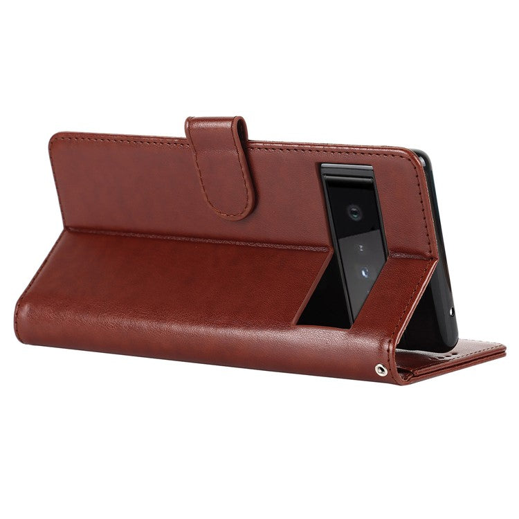 R61 Texture Felled Seam PU Leather Cover Wallet Phone Case Shell with Foldable Stand for Google Pixel 6 Pro - Brown