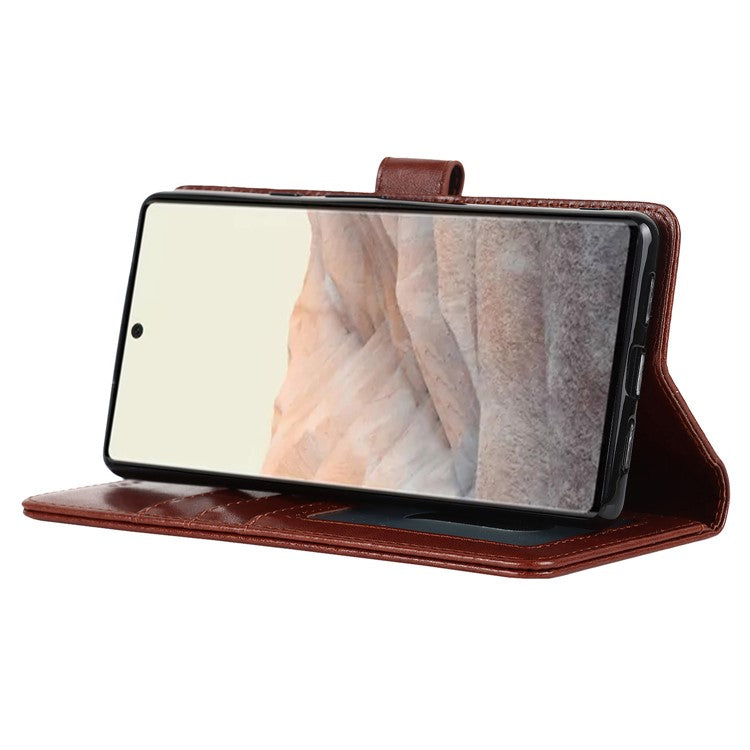 R61 Texture Felled Seam PU Leather Cover Wallet Phone Case Shell with Foldable Stand for Google Pixel 6 Pro - Brown