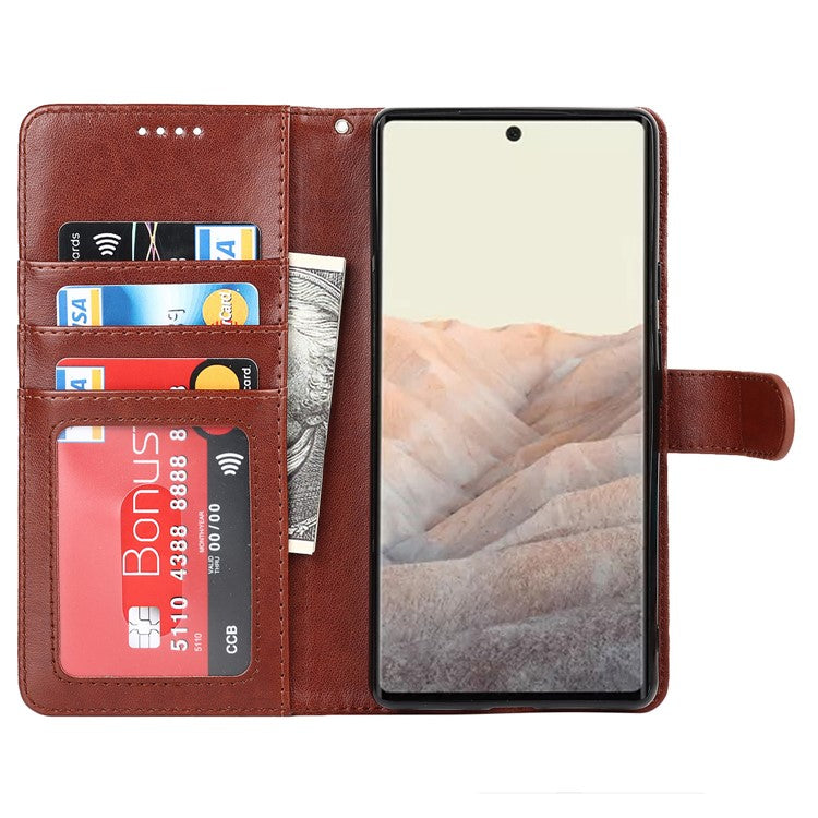 R61 Texture Felled Seam PU Leather Cover Wallet Phone Case Shell with Foldable Stand for Google Pixel 6 Pro - Brown