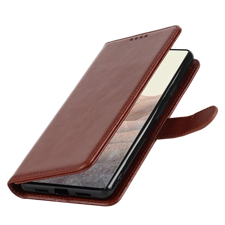 R61 Texture Felled Seam PU Leather Cover Wallet Phone Case Shell with Foldable Stand for Google Pixel 6 Pro - Brown