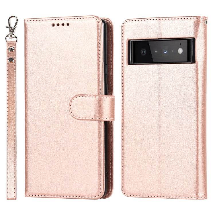 R61 Texture Felled Seam PU Leather Cover Wallet Phone Case Shell with Foldable Stand for Google Pixel 6 Pro - Rose Gold