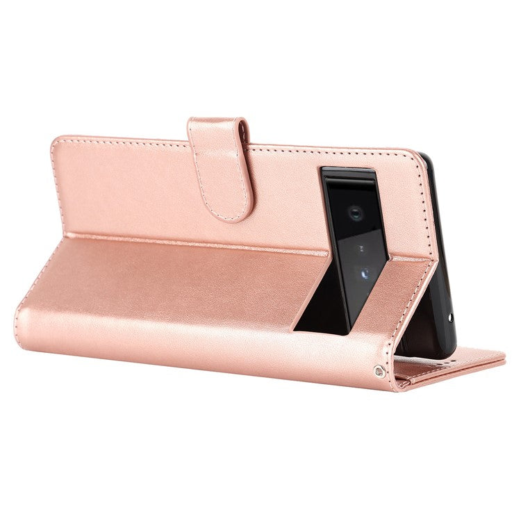 R61 Texture Felled Seam PU Leather Cover Wallet Phone Case Shell with Foldable Stand for Google Pixel 6 Pro - Rose Gold