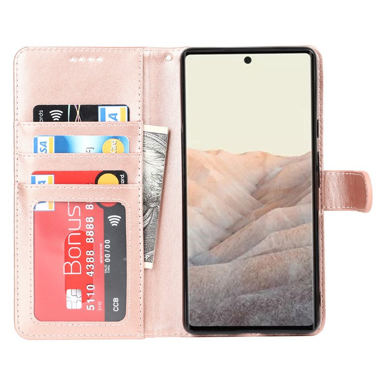 R61 Texture Felled Seam PU Leather Cover Wallet Phone Case Shell with Foldable Stand for Google Pixel 6 Pro - Rose Gold